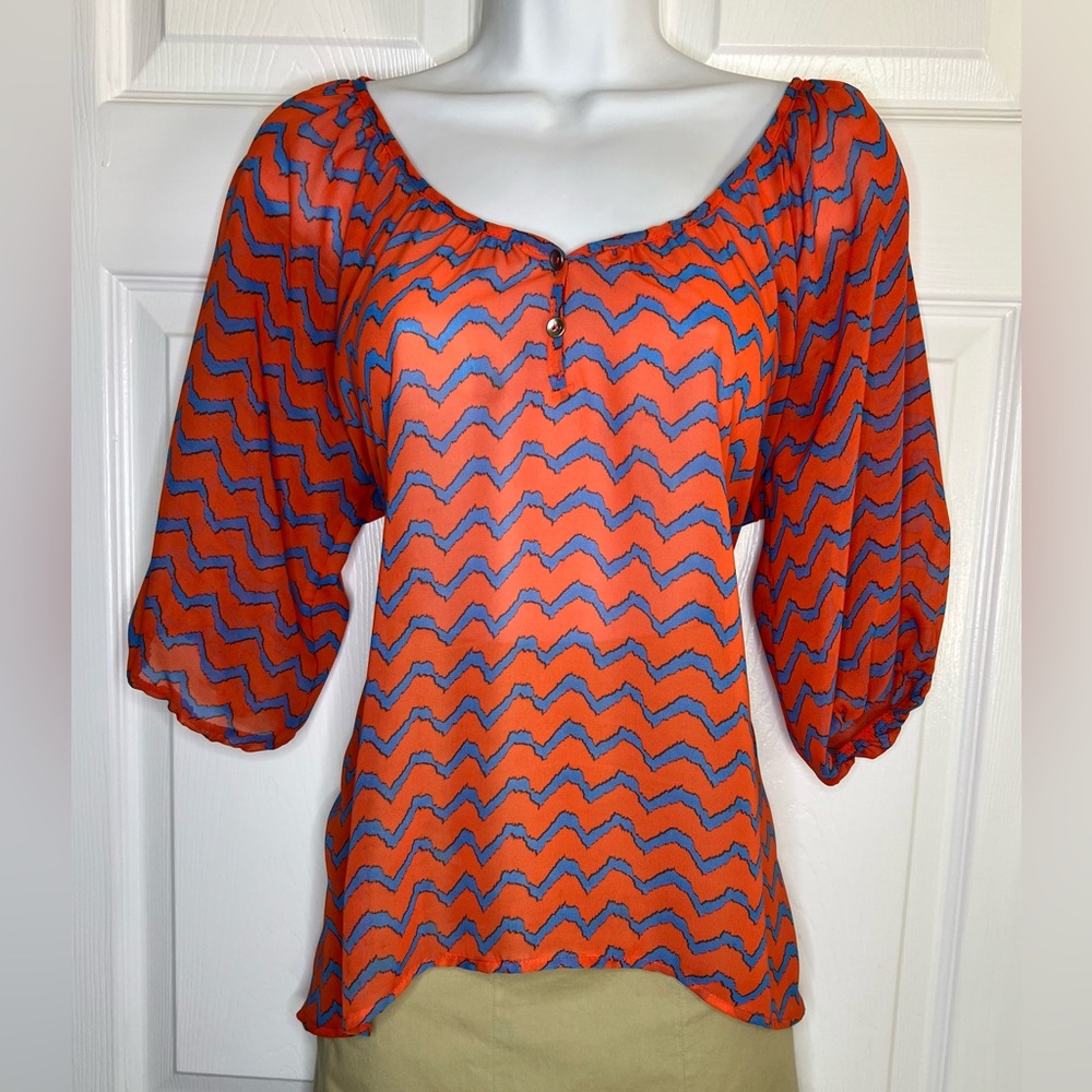 Point Women’s Orange & Blue Chevron Pattern Flowy Peasant Blouse Shirt Top M
